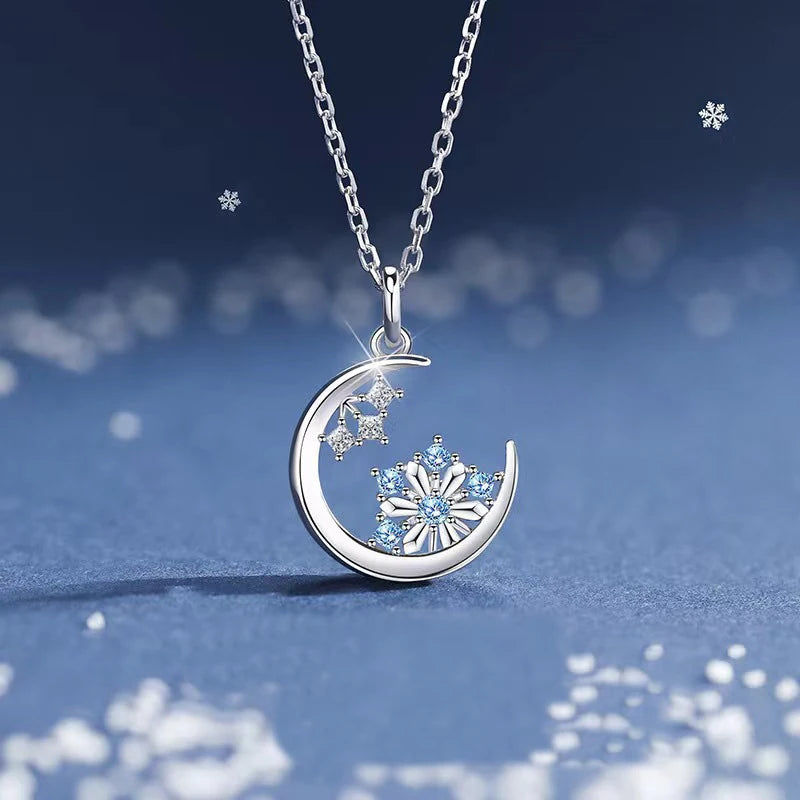 Fine 925 Sterling Silver Snowflake Pendant Women Fashion Moon Pendant Diamond Necklace for Gift