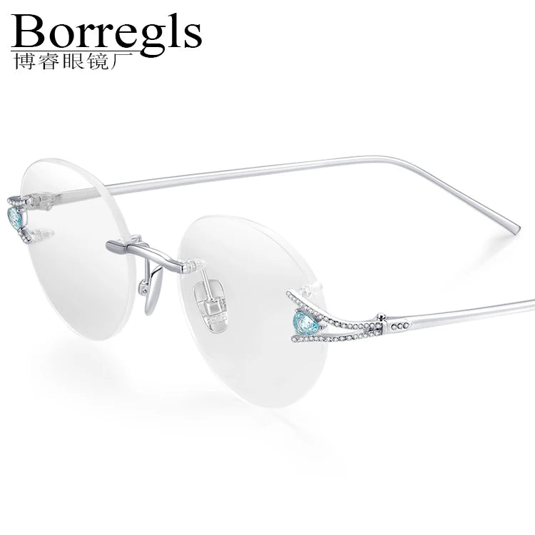 Borregls Sterling Silver S925 Glasses Frame Women Luxury Brand Design Diamond High-Quality Rimless Eyeglasses Optical Eyewear