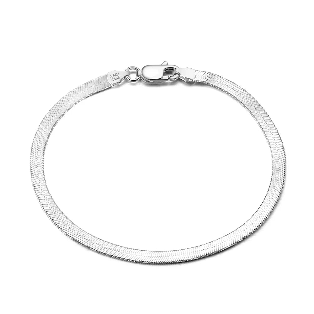 RINNTIN SB107 Solid 925 Sterling Silver Italian 3mm Flexible Flat Herringbone Chain Bracelet