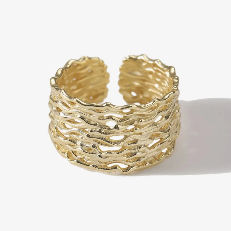 925 Silver Ring for Women Simple Irregular Geometric Texture with Opening Chunky Rhodium Plated Stackable Style for Anniversary