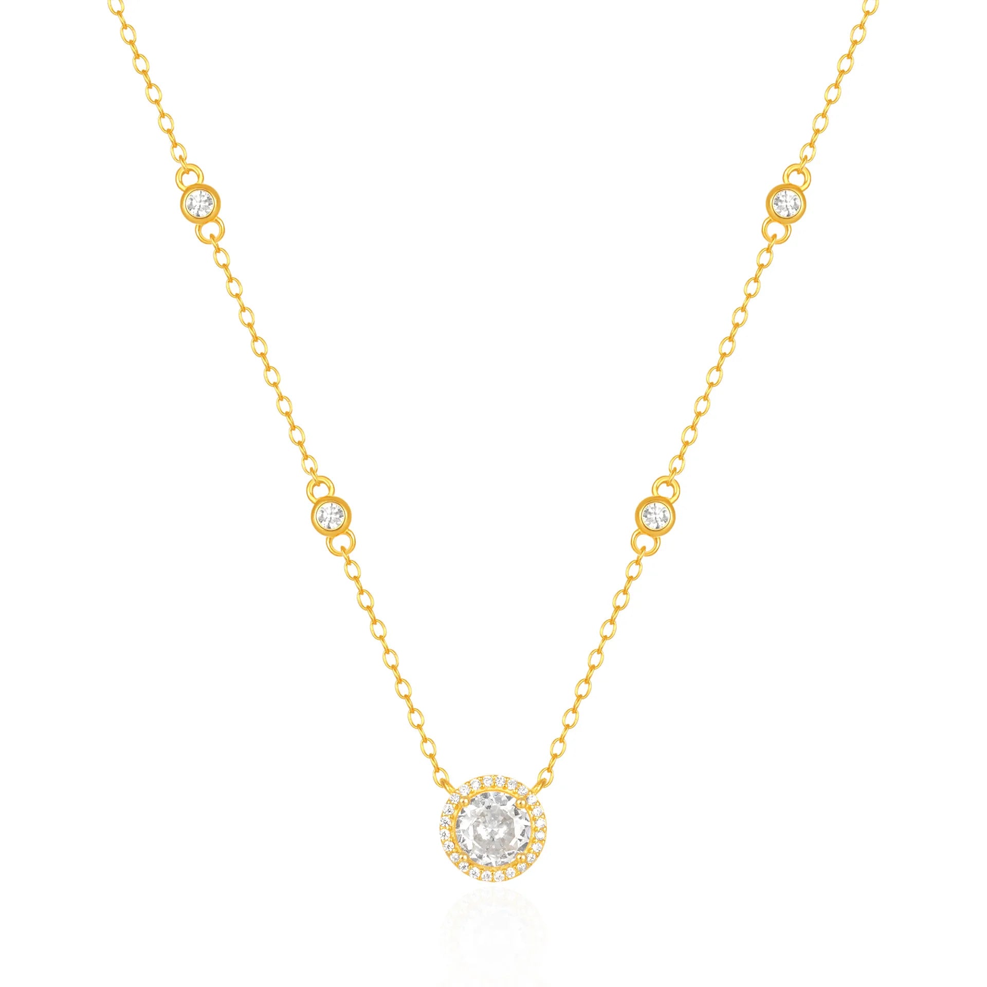 Fashion Necklace Jewelry 925 Sterling Silver 18K Gold Plated Round Gemstone Zircon Pendant 925 Silver Chain Necklace for Women