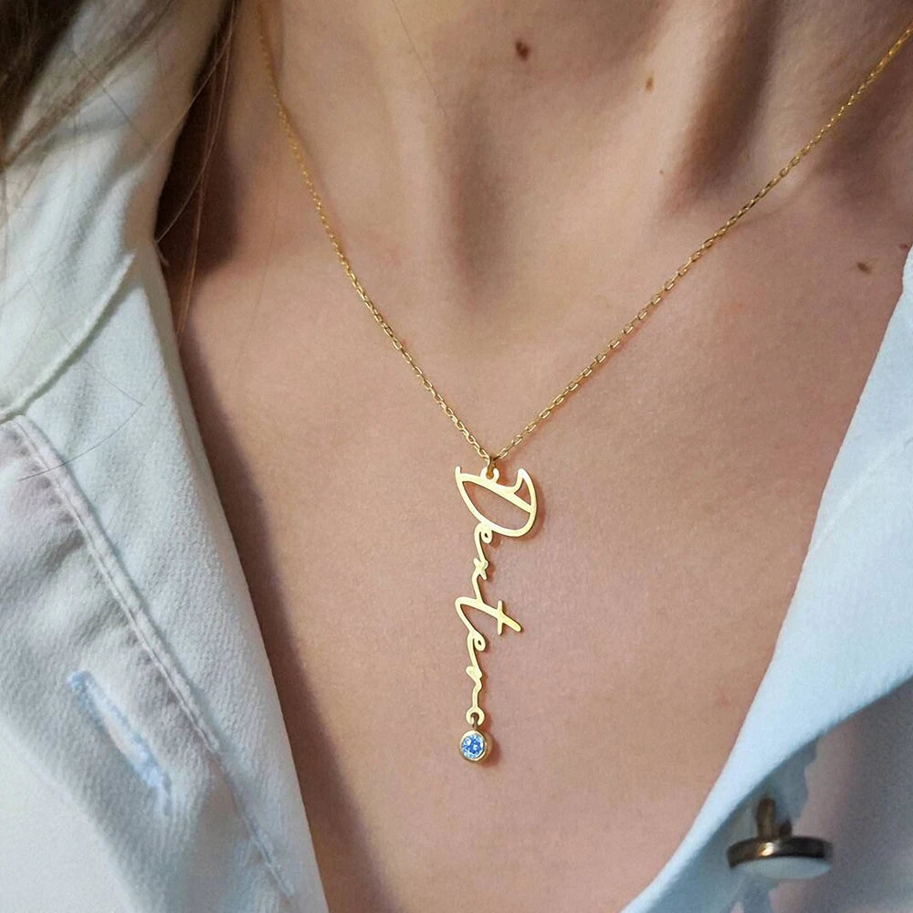 EManco Custom Name Birthstone Pendant Necklace Women's Handmade Stainless Steel Link Chain Anniversary Jewelry Non Fade