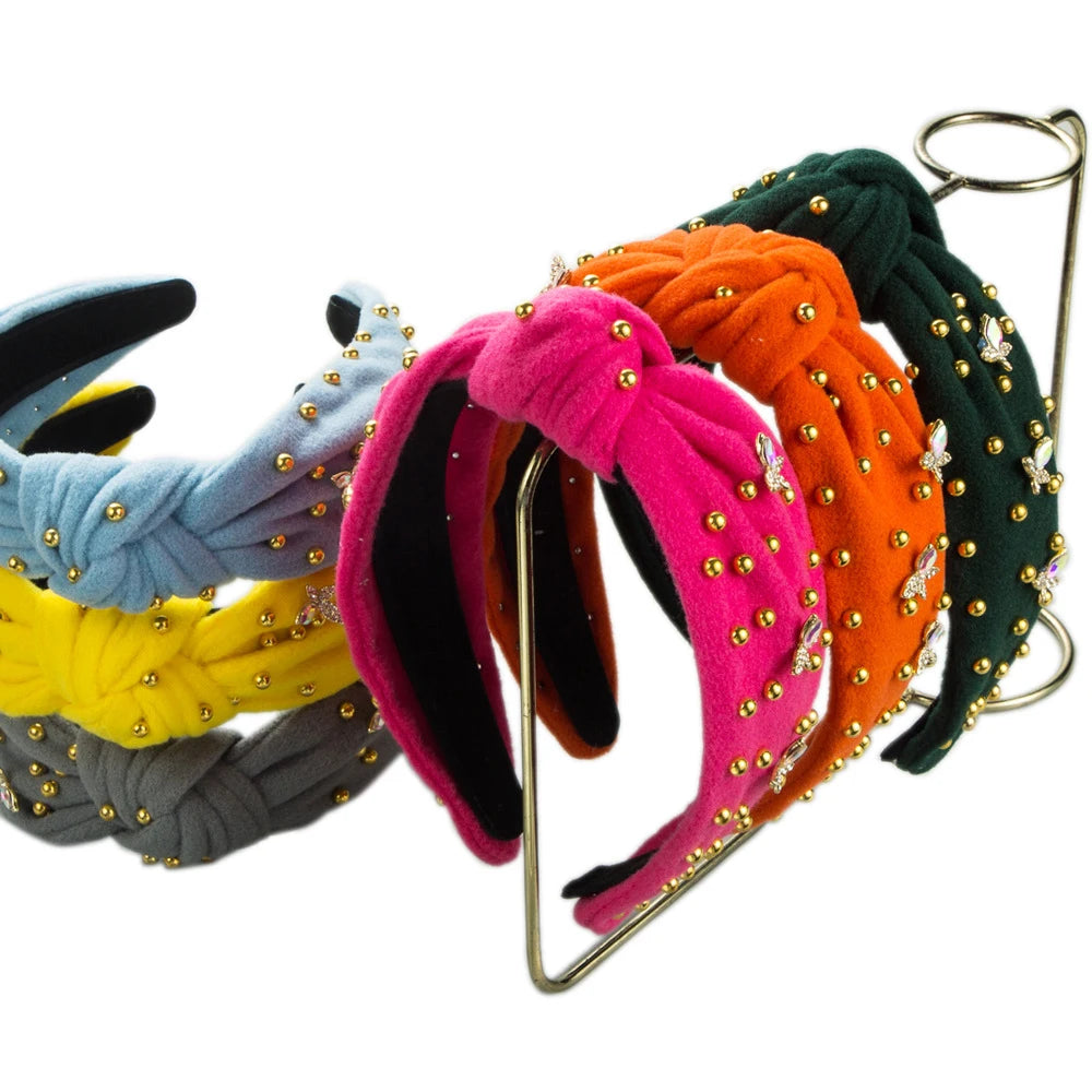 Butterfly Bling Diamond Accessories Gold Nail Bead Edge Hair Knotted Hair Accessories Velvet Headband for Women Girls