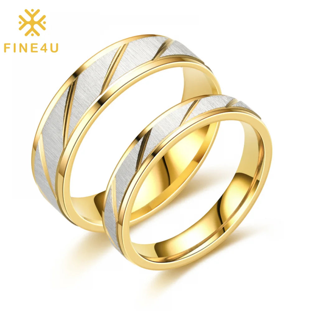 Simple Stainless Steel Jewelry Engraved Wave Pattern 18K Gold Plated Engagement Rings for Couples