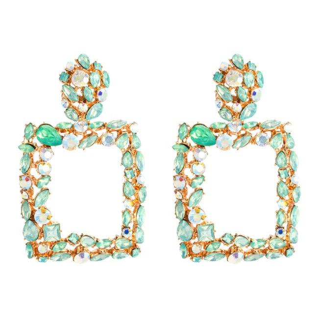 Exaggerated Diamond Set Geometric Alloy Dazzle Color Atmosphere Personality Color Crystal square Earrings