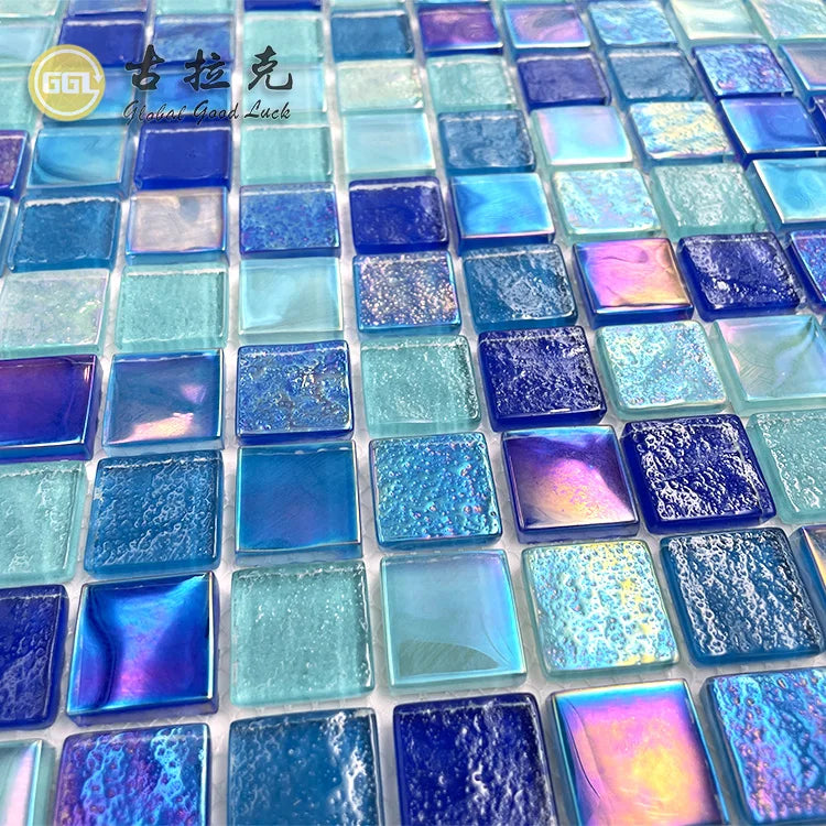 Iridescence Mosaic Glass Mirror Blue Peel and Stick Tile Backsplash Swimming Pool Tiles