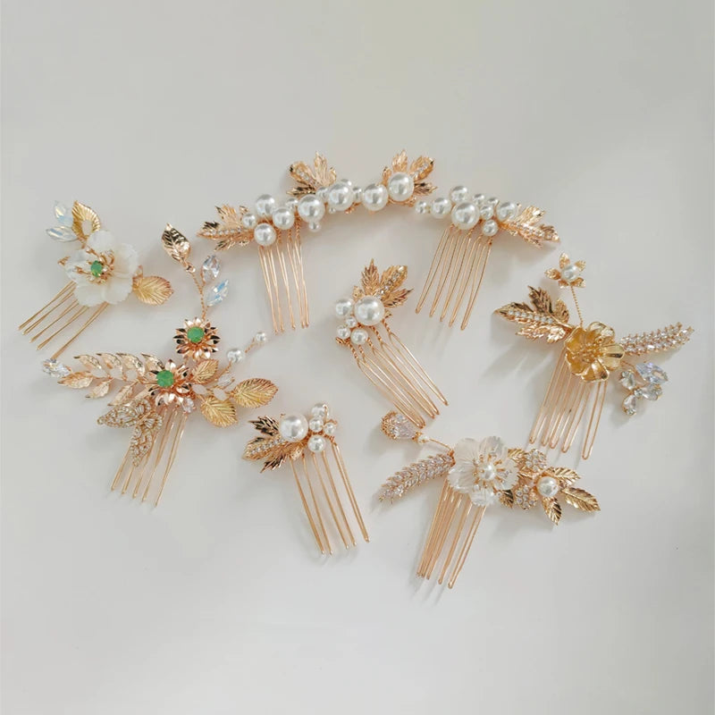 Handmade Wedding Anniversary Pearl Hair Comb Flower Leaf Bridal Hairstyle Accessories Jewelry for Anniversaries Special