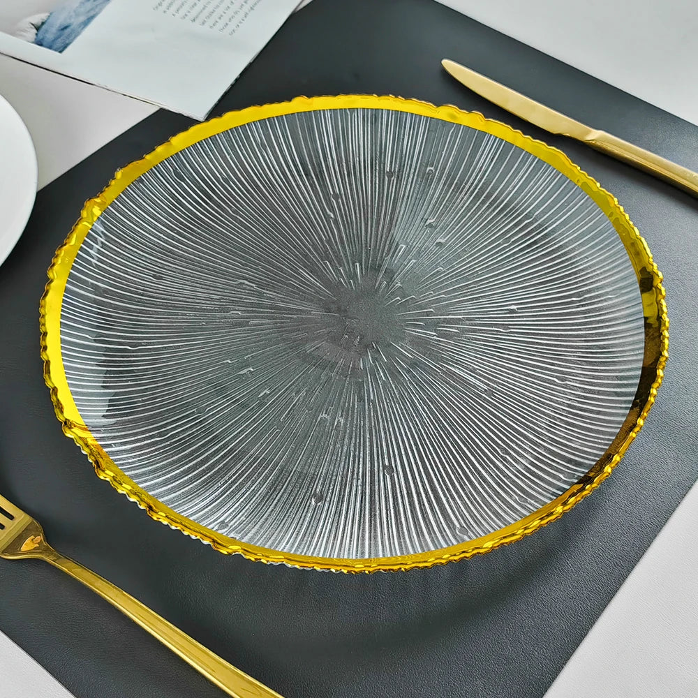 Wedding Elegant 13Inch Clear Gold Rim White Green Irrugelar Tableware Glass Charger Plate for Hotel Event Party Decoration