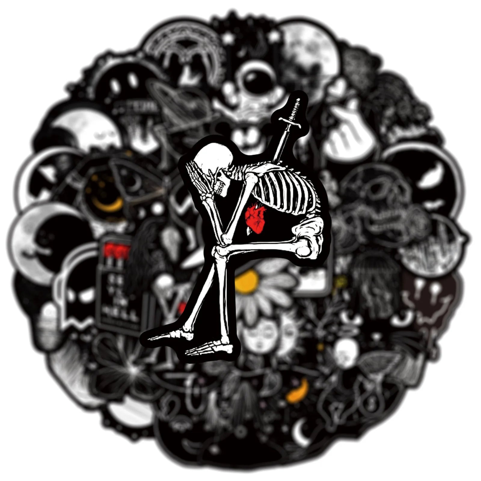 50PCS Cool Gothic Art Decals Moon Planet Skeleton Fashional Black and White Sticker