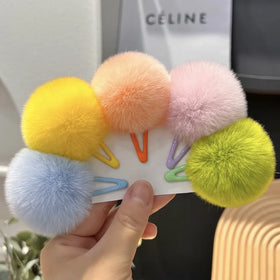 Cute Real Rex Rabbit Fur Pompoms Children's Colorful Hair Clip With Small Lovely Soft Fur Mini Ball Gripper