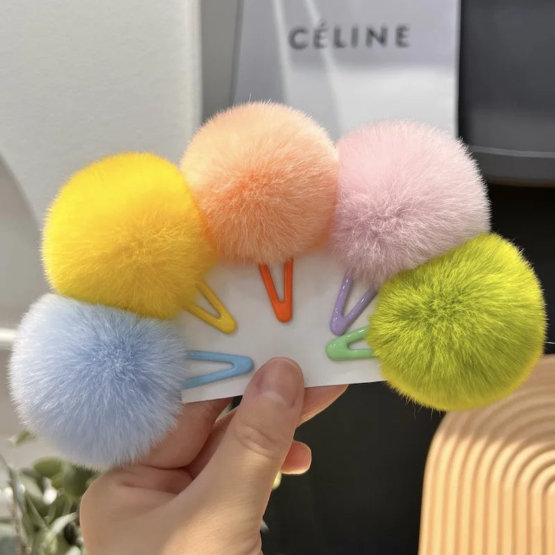 Cute Real Rex Rabbit Fur Pompoms Children's Colorful Hair Clip With Small Lovely Soft Fur Mini Ball Gripper