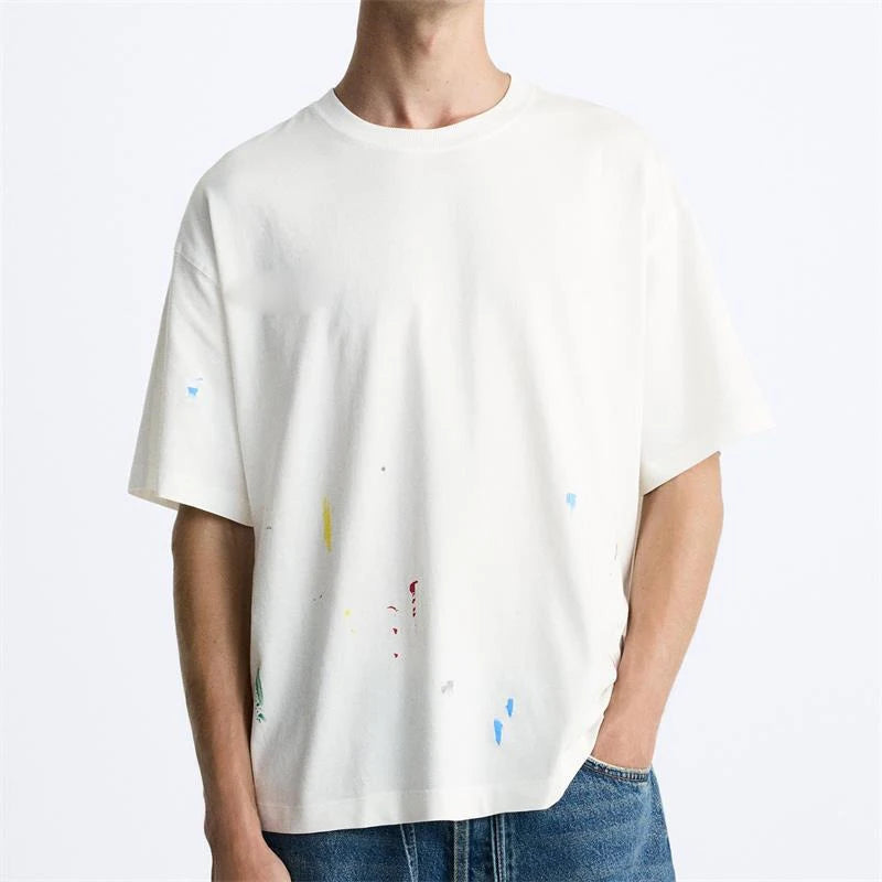 Men's Distressed T-Shirt Custom Paint Splatter All Over Print 100% Organic Cotton White & Black Knitted T-Shirts