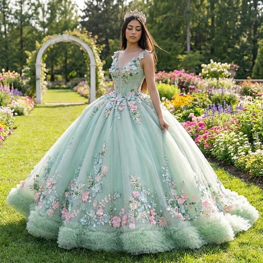 Green Tulle 3D Flowers Quinceanera Dresses Pageant Graduation Formal Prom Gowns Stitching Ruffles Princess Dress 1229