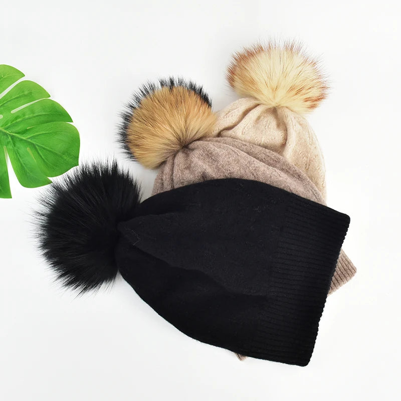 Winter Cashmere Wool Real Fur Pom Pom Hats Cable Knit Designer Winter Hats for Woman Pompom Beanies Hats