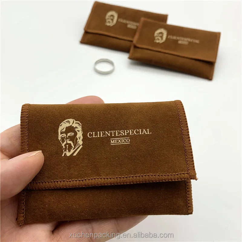 Small Brown Velvet Suede Jewelry Ring Pouch With Flap
