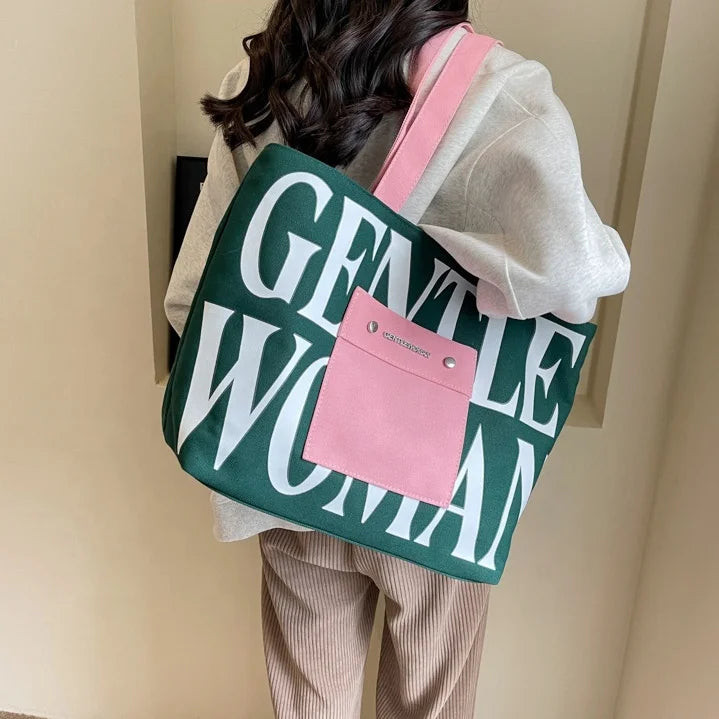 Large Capacity Women's Canvas Tote Bags Zipper Closure Hand Length Handle Letter Pattern XC Brand Fashionable Reusable Shopping