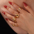 New Stainless Steel Heart Wave Shape Smooth Zircon Ring Exquisite PVD 18K Gold Plated Rust Proof  Women Romantic Jewelry Gift