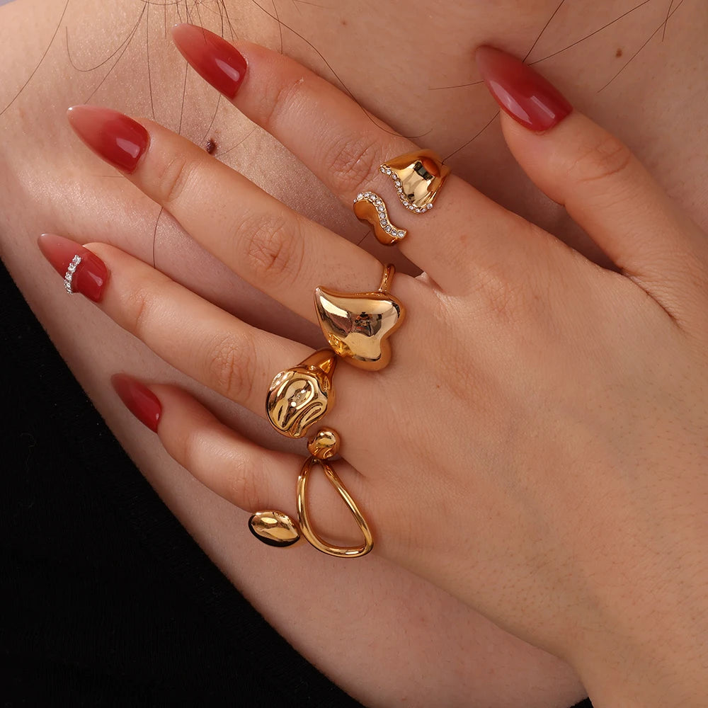 New Stainless Steel Heart Wave Shape Smooth Zircon Ring Exquisite PVD 18K Gold Plated Rust Proof  Women Romantic Jewelry Gift