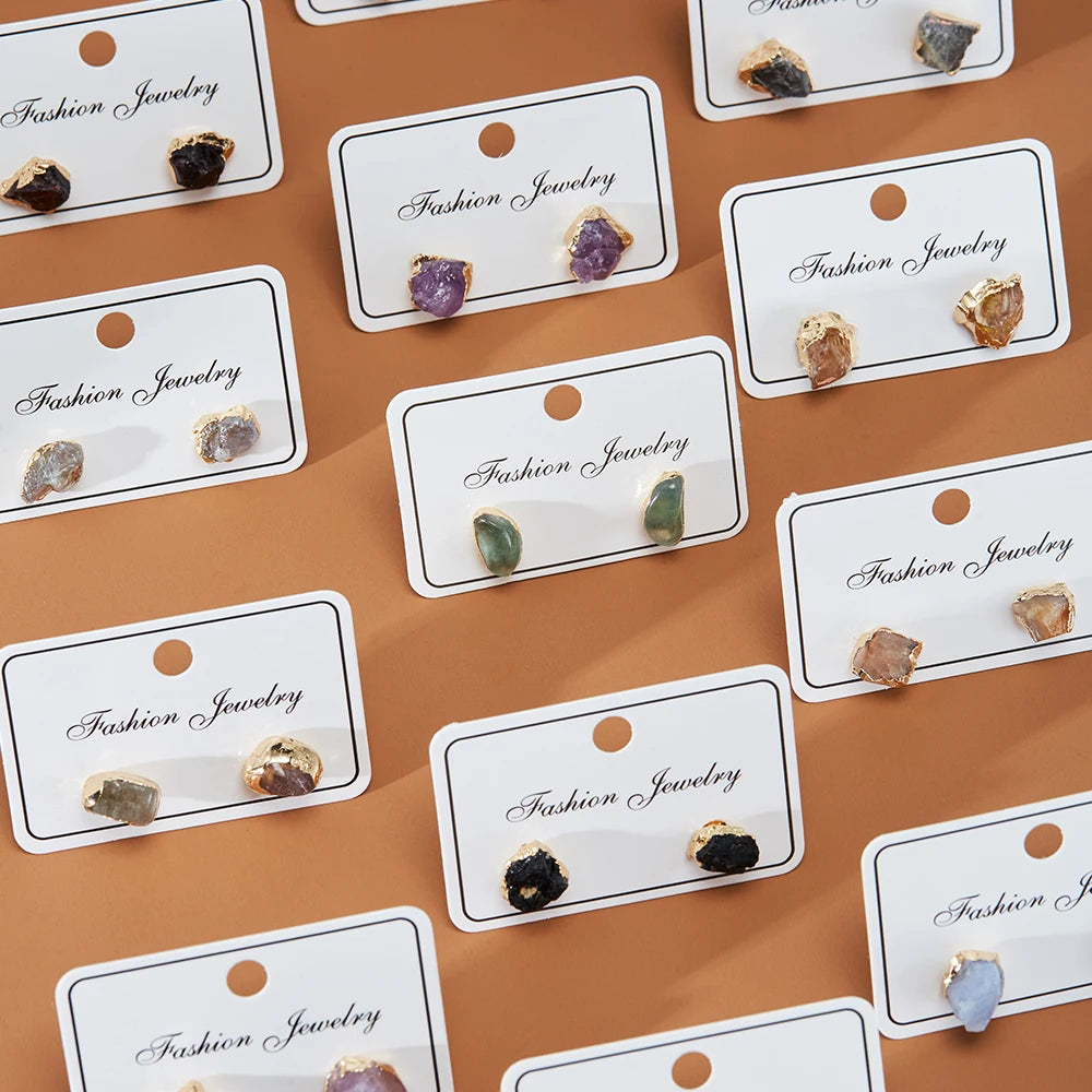 Irregular Natural Black Tourmaline Stud Earrings Amethyst Crystal Quartz With Gold Ring Stud Earring Healing Stone Jewelry