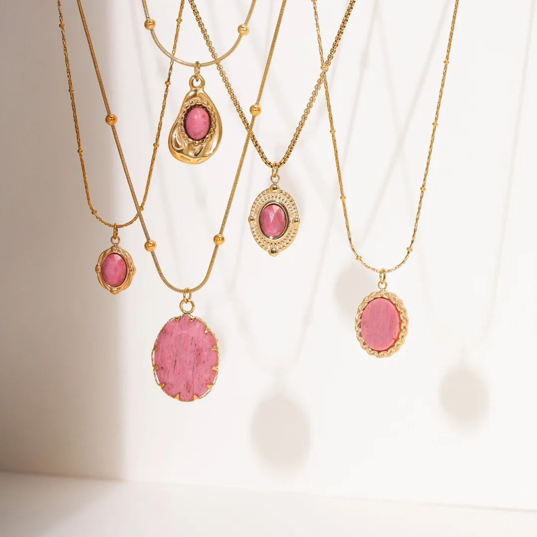 Fashion Rhodonite Natural Stone Pendant 18K Gold Plated Stainless Steel Pendant Necklace for Women