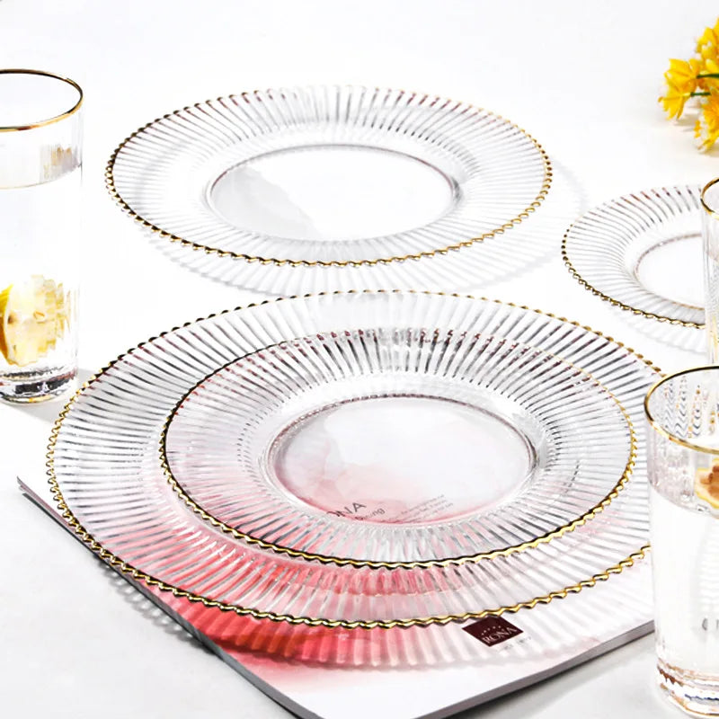 Factory Direct 50pcs Simple Style Lead-Free Vertical Rib Crystal Clear Glass Plate Set Gold Rim Luxury Dishes Charger for Party