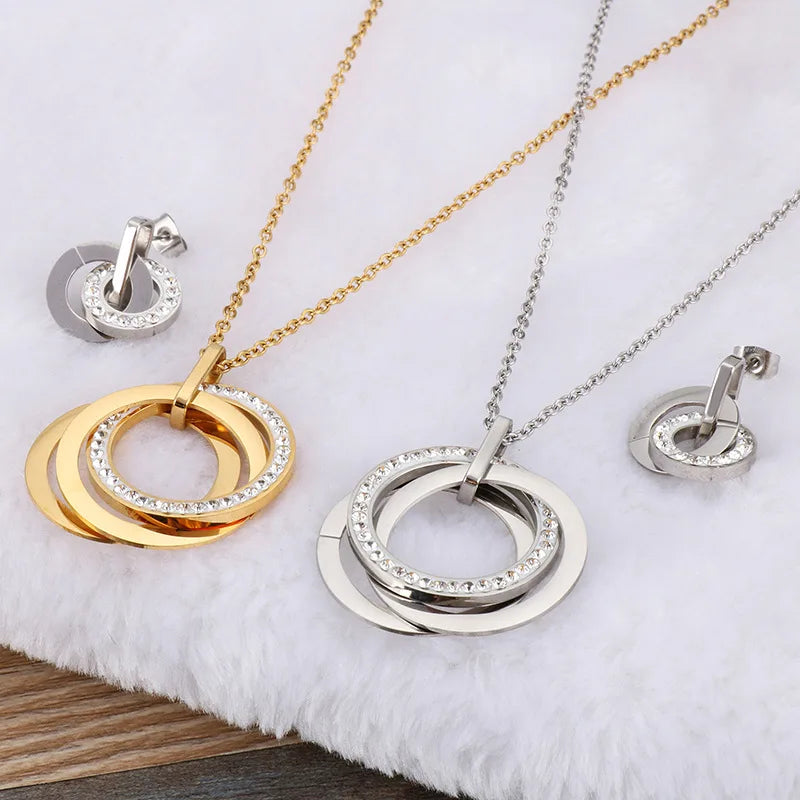 2021 Titanium steel Double Ring Interlocking Diamonds Necklace Earring Jewelry Sets for Woman and Girls