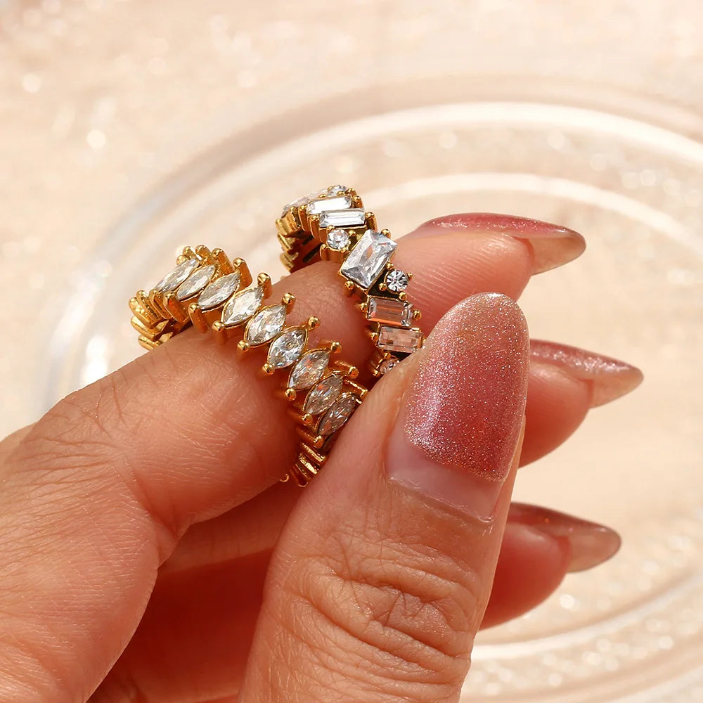 Tarnish Free Baguette Irregular Square Round Horse Eye Zircon Ring Jewelry Stainless Steel Rings Women Trendy