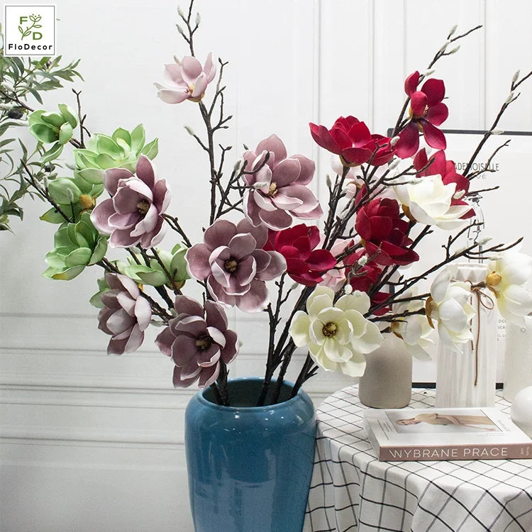 Quality Artificial 6 Heads Magnolia Flower Real Touch Home Decoration Table Center Piece Wedding Party Christmas Decoration