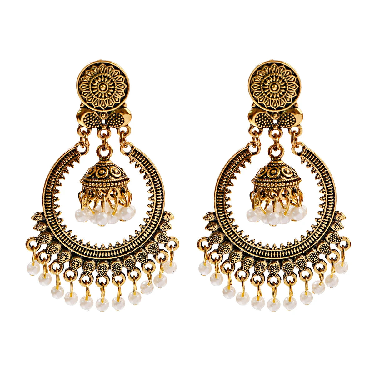 Indian Children's Retro Alloy Imitation Pearl Big Round Bell Style Exaggeration Vintage Hanging Earrings for Hinduism Occasion