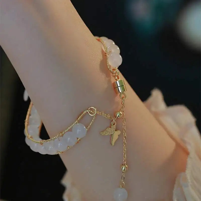 Fashion Imitation White Jade Bracelet for Women Natural Crystal Gemstone Beads Gold Vintage White Agate Bracelet
