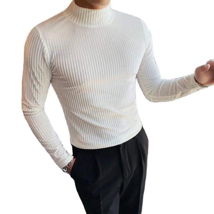 Spring Autumn Turtleneck Velvet T-Shirt for Men Casual Slim Striped Tight T-Shirt Solid Color Men Long Sleeve Club Clothing