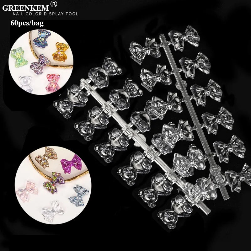 60pcs/bag Cartoon Bear Flat High Transmittance PS Practice Nail Display Tool Bow Acrylic Nail Art Polish Display Tool