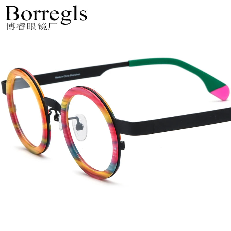 Borregls Acetate Titanium Glasses Frame Women New Brand Designer Vintage Round Eyeglasses Men Spectacle Optical Eyewear 185816