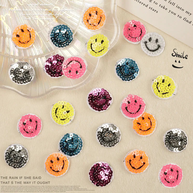 Mini 2cm  Iron on Colorful Cute Shiny Smile Face Sequined Embroidery Patch for Clothing Shoes Hat Decoration