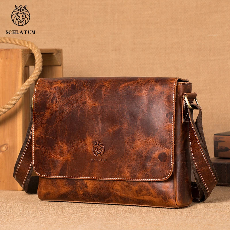 SCHLATUM Customisable Logo Vintage Men's Genuine Leather Messenger Bag One Side Strap Fashion Style Shoulder Bags
