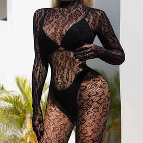 Fashion Sexy Design Gloved Leopard Net Bodystocking Full Body Animal Floral Erotic Sexy Hot Lingerie Tulle Siamese Stockings