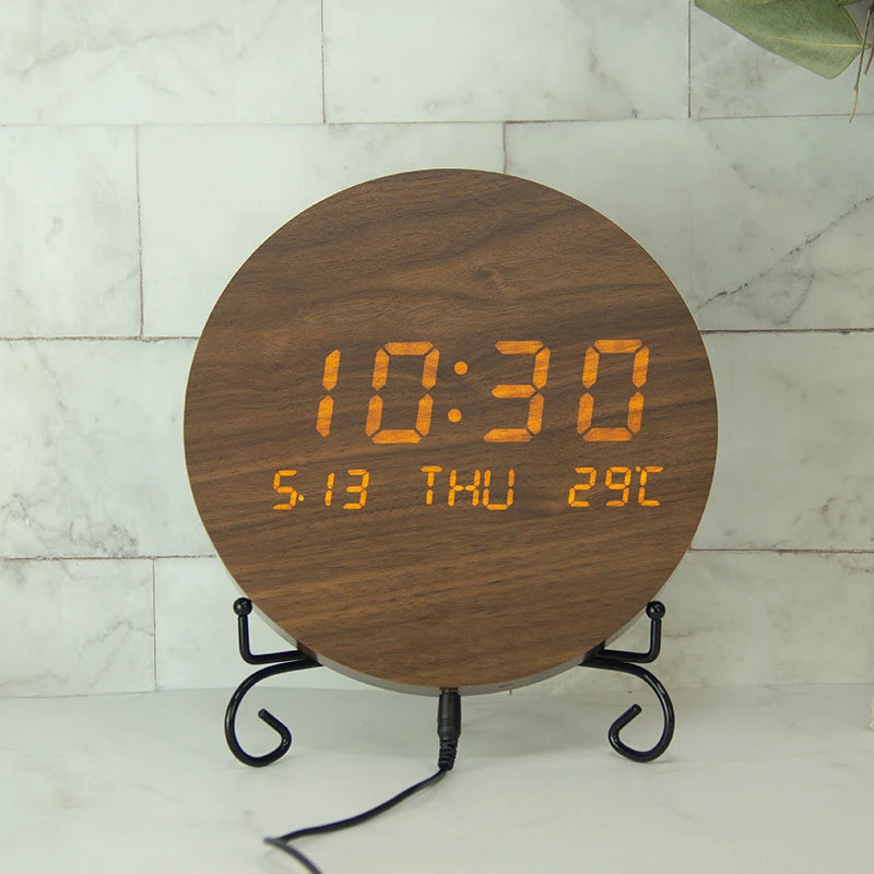 EMAF Home Deco Novelty Home Decoration DC Cable Digital Wood LED Wall Clock Time Calendar Temperature Decor Digital Wall Clock
