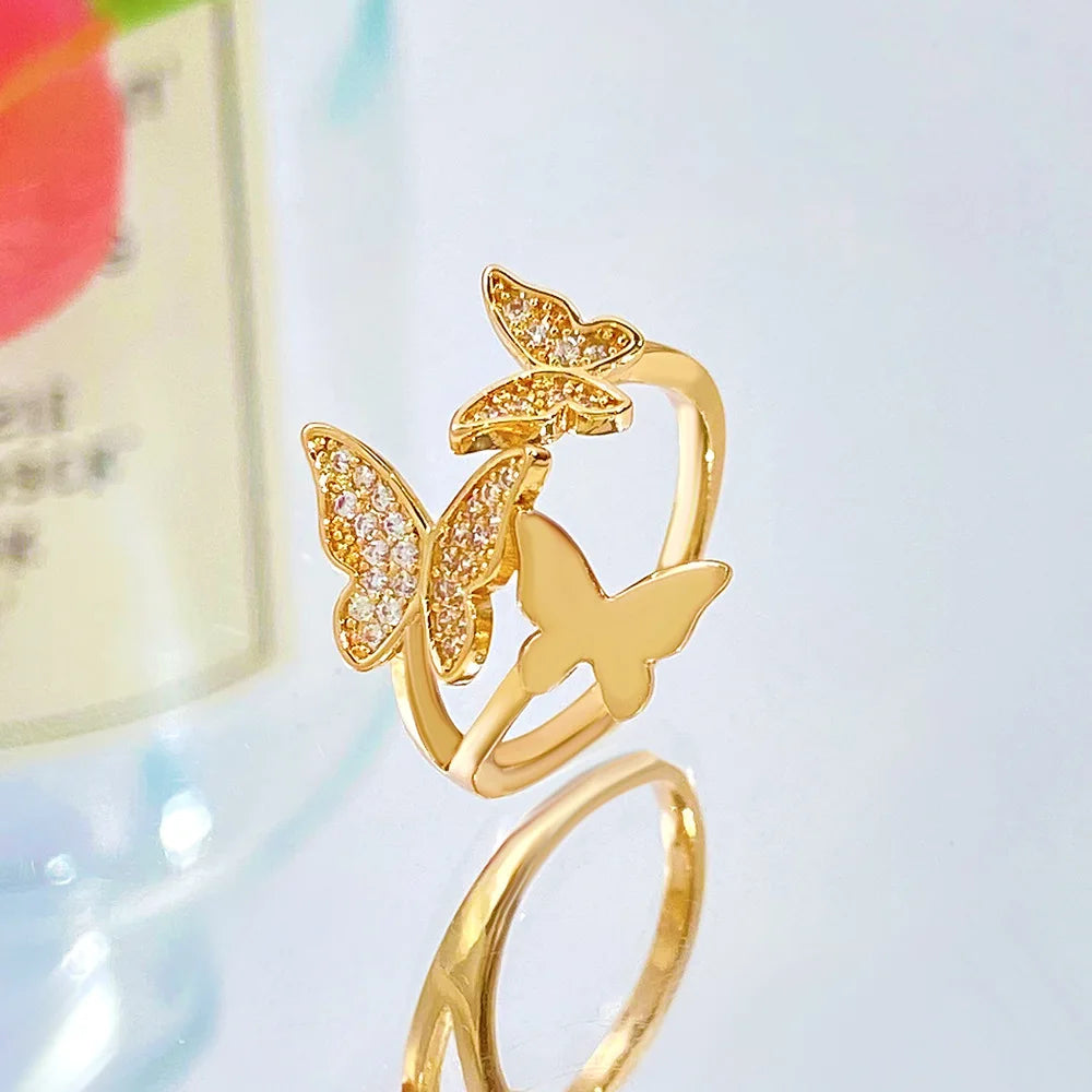 Wholesale Unique Women Jewelry New Three Butterfly Ring Female Wedding Creative Design Copper Diamond Butterfly Ring