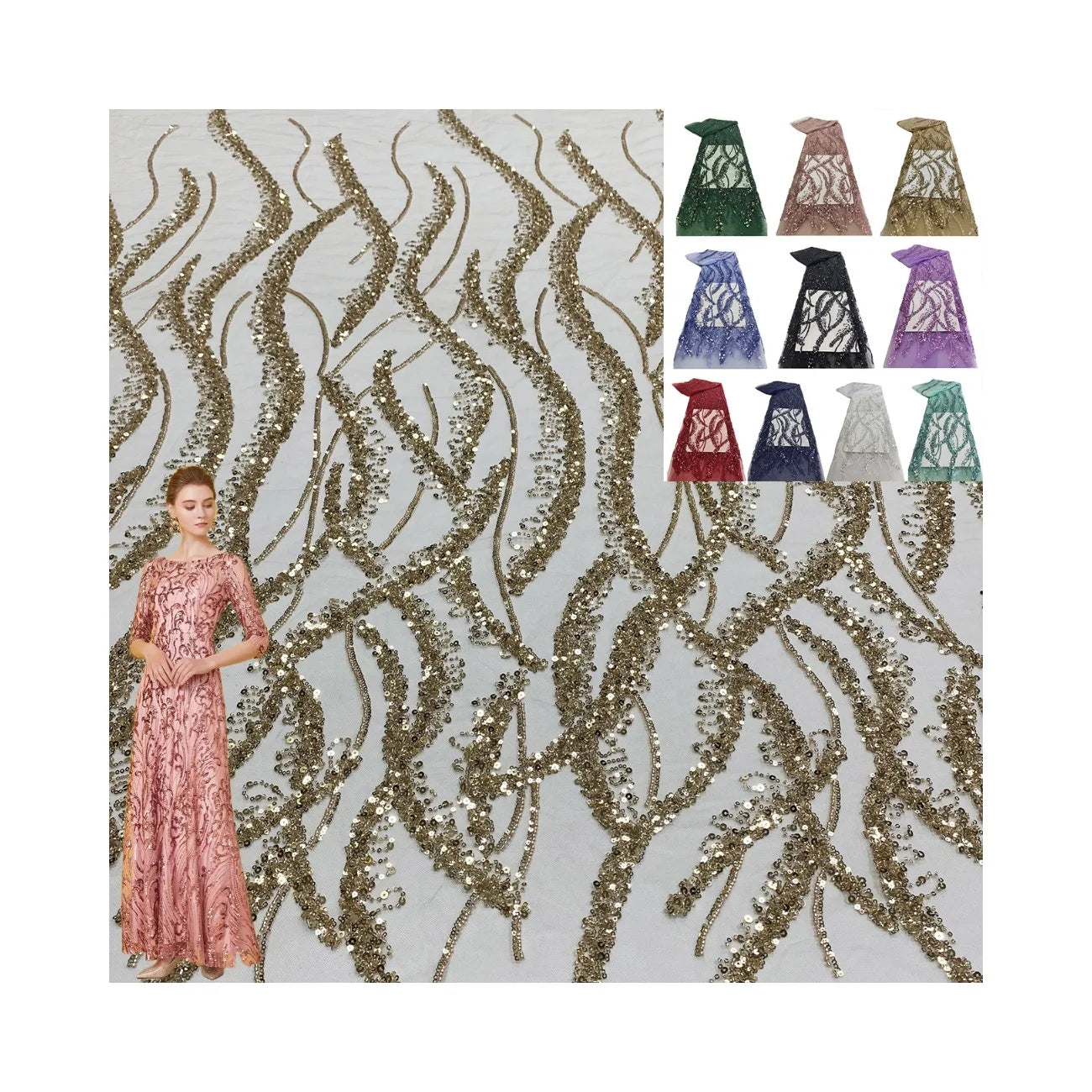 Luxury Design 100% Polyester 3d Embroidery Lace Bridal Sequin Beaded Embroidery Fabrics for Fashion Clothing