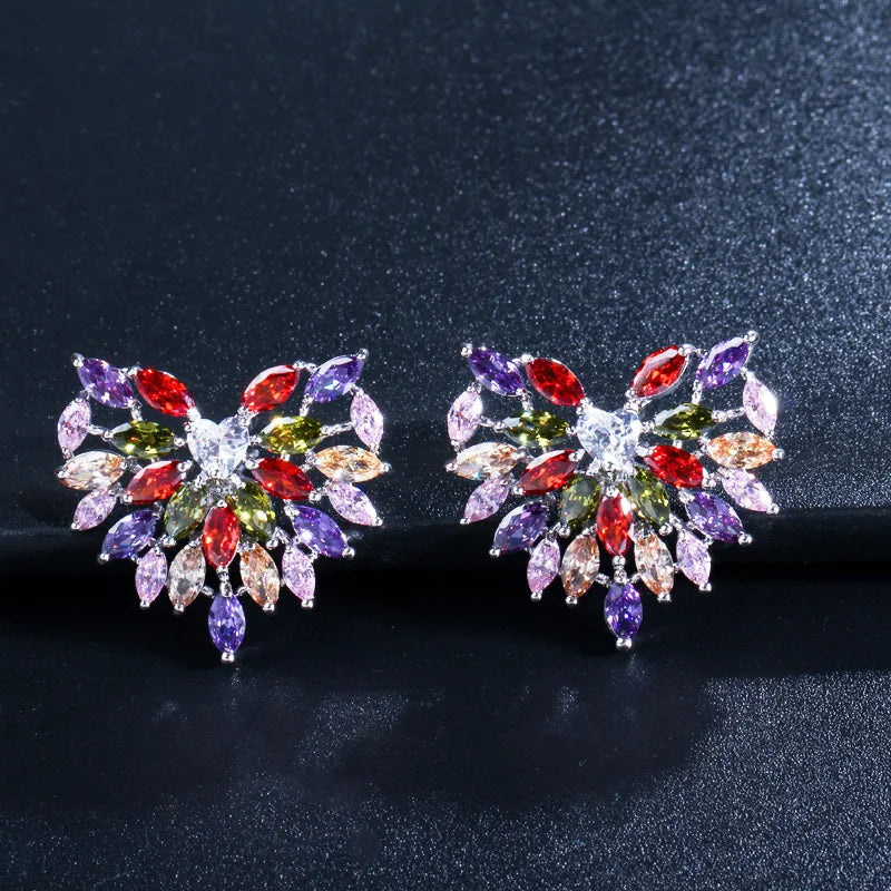 Silver Plated Rainbow Color Marquise Cut Cubic Zircon Stone Colorful Big Heart Shape Stud Earrings for Ladies Costume Accessory