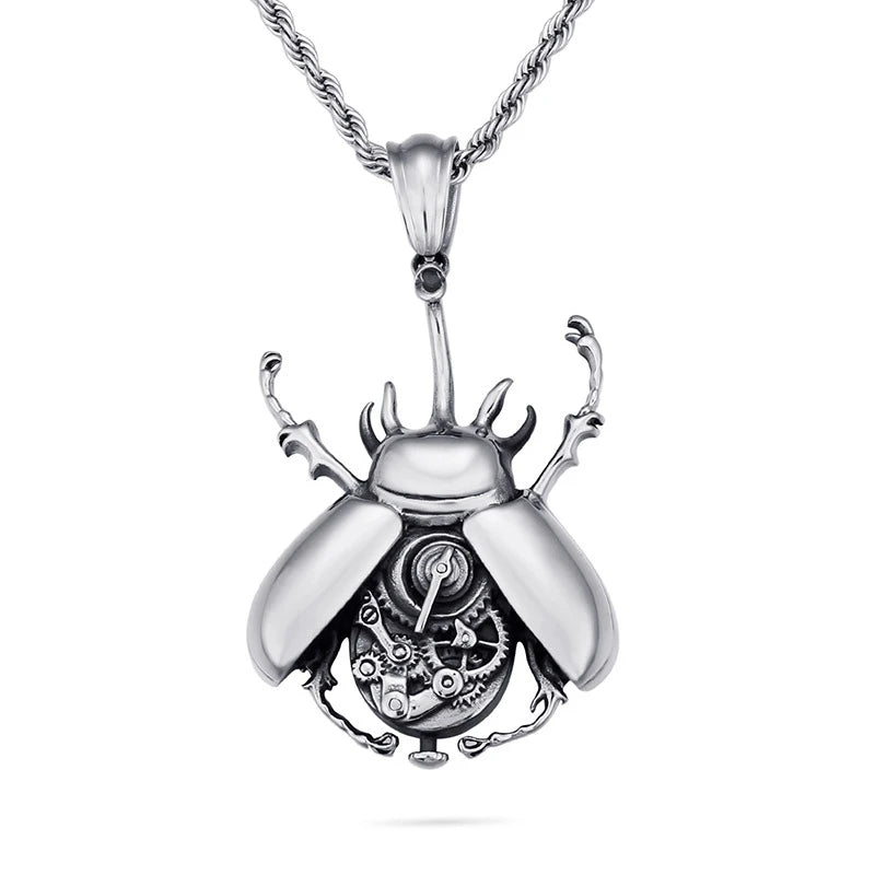 YK Steampunk Beetle Scarab Necklace Titanium Steel Machinery Jewelry Machine Gear Wheel Dung Pendant Fashion Rock Hot Charm Gift