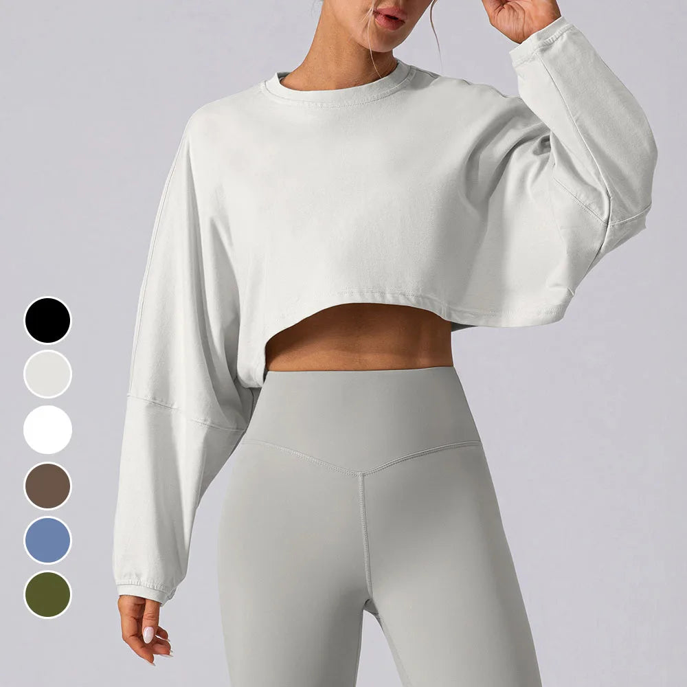 European American Women's Long-Sleeved Sweatshirt Autumn Sports Top with Logo on Front Loose Fit for Yoga & Running