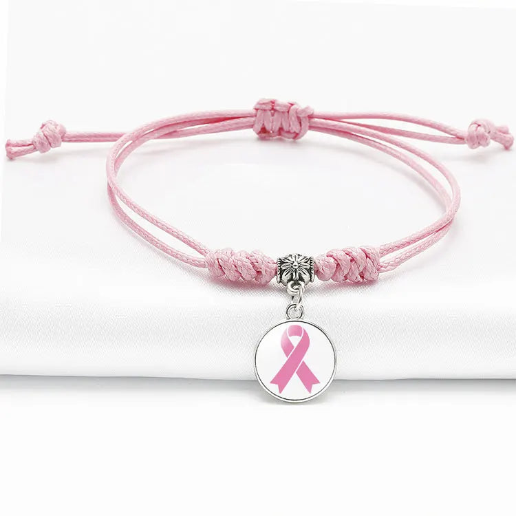 Wholesale Adjustable Handmade Woven Bracelet International Breast Cancer Awareness Pink Ribbon Badge Charm Bracelets Women