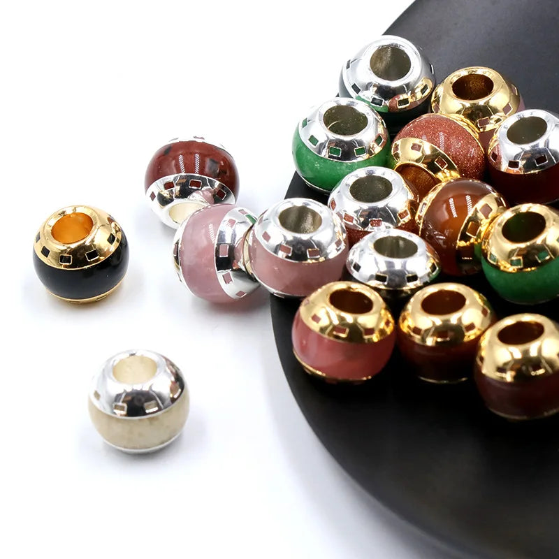 Silver/Gold Electroplated Agate Beads 12mm Loose Spacer Gemstone Beads Big Hole Charms for DIY Jewelry Making Accessories