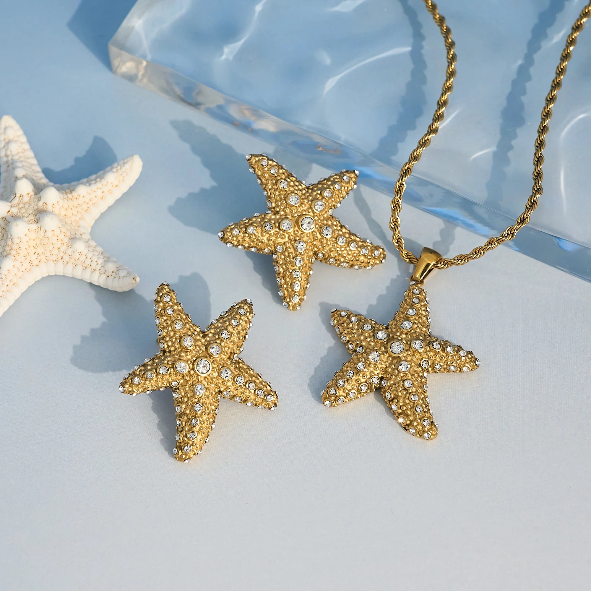 Dazan New HOT 18k Gold Plated Tarnish Free Stainless Steel Classic Irregular Starfish Iced Out Zircon Necklace Beach Earrings