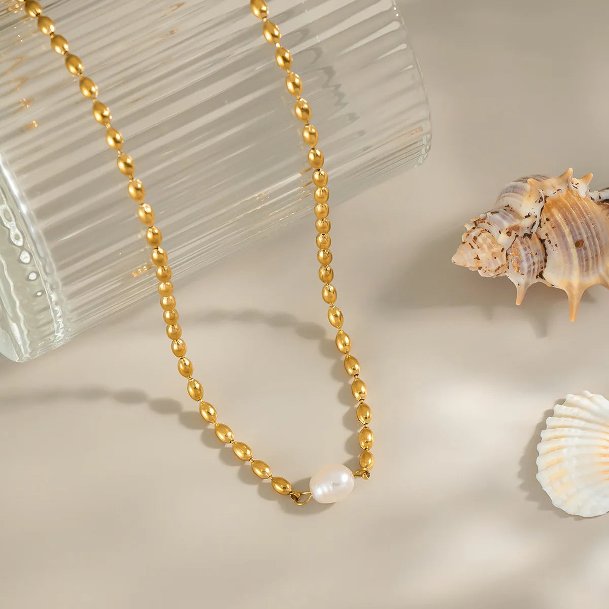 Vintage Elegant Natural Freshwater Pearl 18K Gold Stainless Steel Beads Necklace for Girls