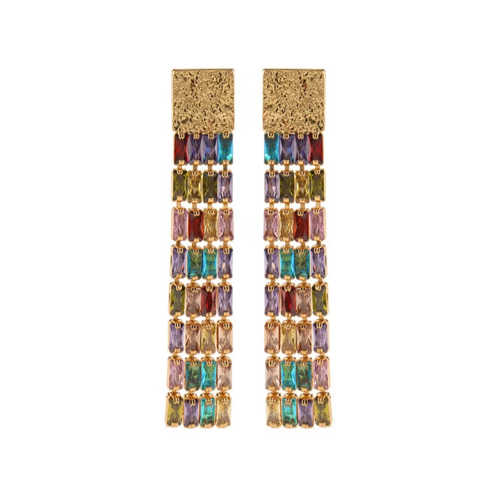 2023 Luxury Long-Style Tassel Color Earrings 18K Gold Plated Row Zircon for Wedding Party-Brass Jewelry for Women