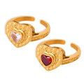 Chic Palace Style 18K Gold Plated Stainless Steel Heart Zircon Open Rings for Women Anniversary Daily Party Matching