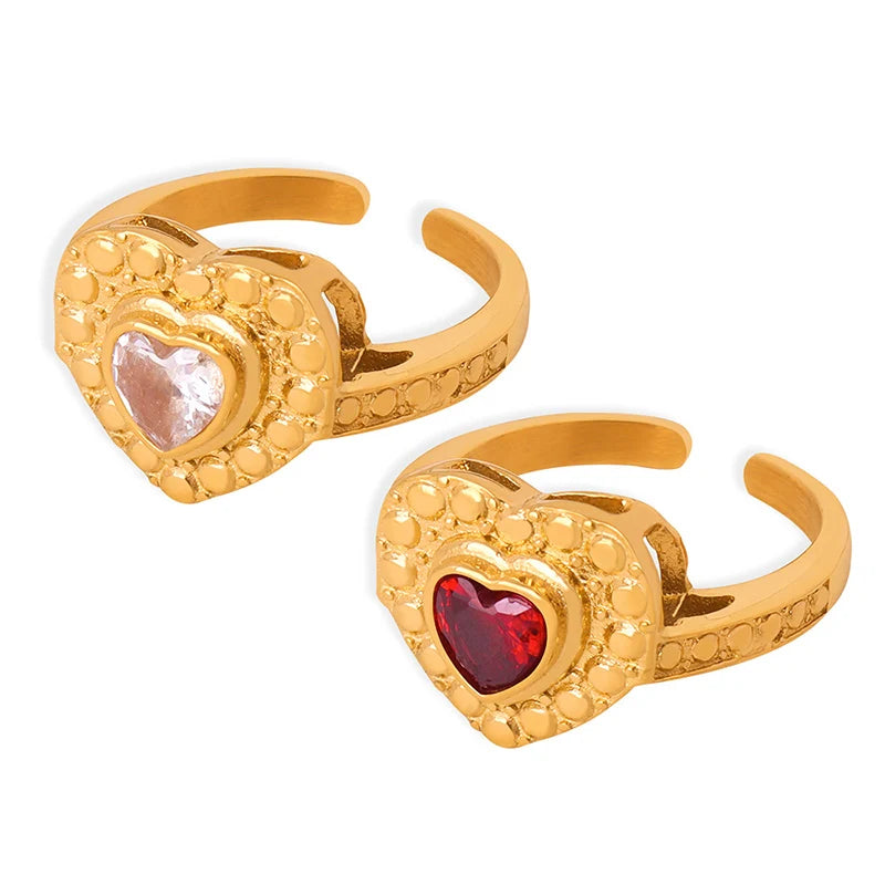 Chic Palace Style 18K Gold Plated Stainless Steel Heart Zircon Open Rings for Women Anniversary Daily Party Matching
