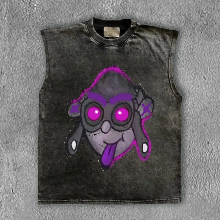 High Quality Streetwear Custom Graphic Raw Cut Edge Acid Wash Sleeveless Screen Printing T Shirt